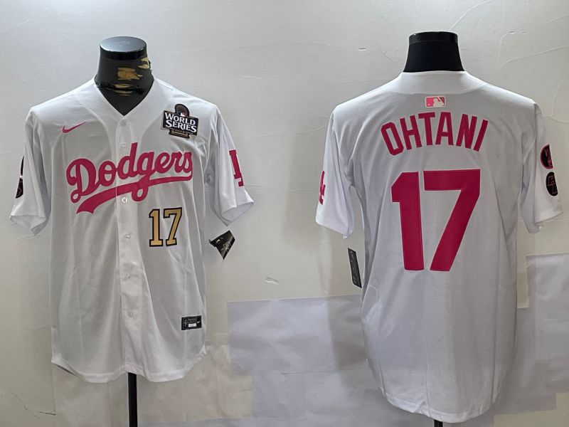 Men Los Angeles Dodgers 17 Ohtani White pink joint name 2024 Nike MLB Jersey style 10272